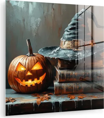 Produktbild von MuchoWow Glasbilder - Bilder auf Wandbild - Foto auf Glas Halloween - Stillleben - Hexenhut - Kürbis - Hexe 20x20 cm Wanddekoration aus Glas - Acrylglasbild - Acrylbilder - Bilder von Glas - Moderne