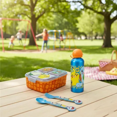 Produktbild von Pokemon Pikachu Kinder 4 tlg. Set 3 Kammern Brotdose Gabel Löffel XL Alu-Flasche