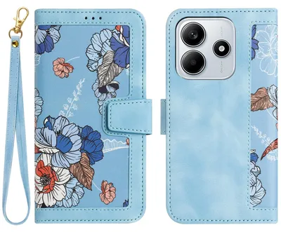 Obrázek produktu pro Pro Xiaomi Redmi Note 14 5G Umělá kůže Peněženka Pouzdro na mobilní telefon Květinový design Pouzdra Světle modrá