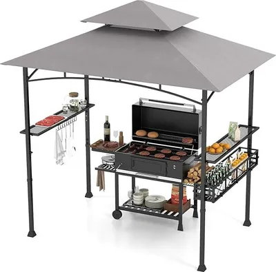 Obrázek produktu pro pavilon na grilování 242 x 153 cm, dvojitá střecha s háky, robustní kovový rám, úložný prostor a koš, přístřešek na grilování na terase, venkovní pavilonový stan