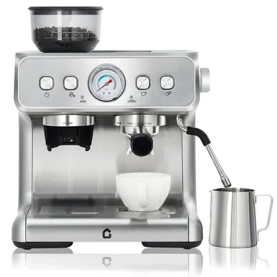 Produktbild von Espressomaschine - Halbautomatisch - Druck 15 Bar - Integrierte Kaffeemühle - Milchaufschäumer - Edelstahlgehäuse - EU-Stecker - Silber