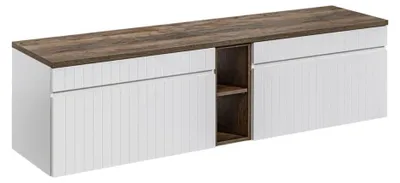 Image de Ensemble ICON blanc : meubles sous vasque 180cm avec niches visibles + plan pour vasque aspect bois foncé