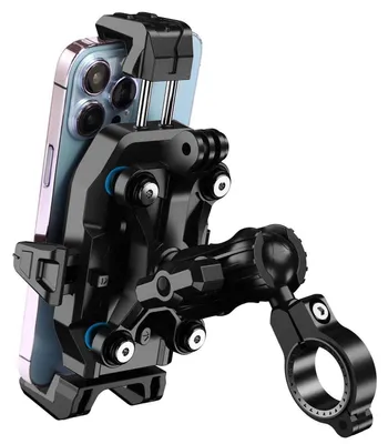 Zdjęcie produktu dla Uchwyt na telefon do motocykla, redukujący wibracje, kompatybilny z telefonami o przekątnej 5,6-7,4 cala, pasujący do kierownic o średnicy 22-32 mm, wykonany z aluminium