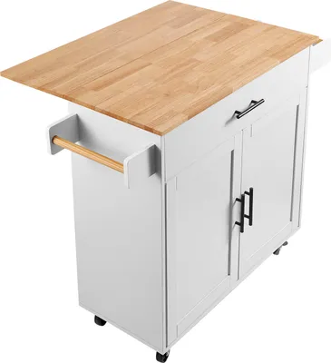 Immagine prodotto di SucceBuy carrello isola da cucina, larghezza 35,4 pollici, piano in legno massiccio, tavolo mobile con armadio, portaspezie, porta asciugamani, piano pieghevole, cassetto, isola mobile portatile su ruote, bianco