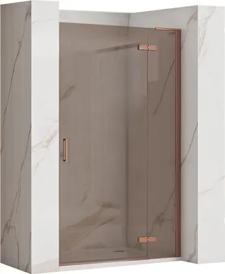 A shower door with copper accents, set against a marble-like background.