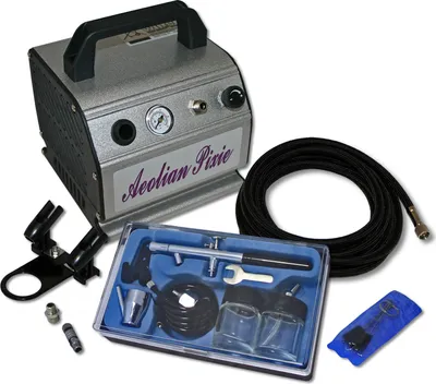 Produktbild von Wiltec Einsteiger Airbrush Kompressor Set AS176 mit 1 Airbrushpistole Typ 128 und umfangreichem Zubehör, 0,3 l Drucktank, für Modellbau, Tattoos, Nailart