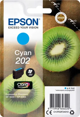 Obrázok produktu pre Epson Kiwi Singlepack Cyan 202 Claria Premium Ink, Štandardná výťažnosť, Azúrová, 4,1 ml, 1 kusov, 300 strany