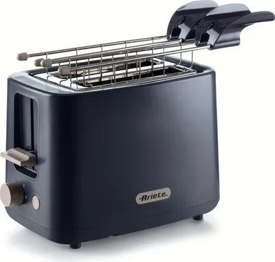 A dark gray Ariete toaster with chrome tongs extended.
