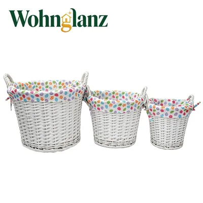 Produktbild von 3er Set Weidenkorb rund mit buntem Stofffutter, Aufbewahrungskorb mit Griffen