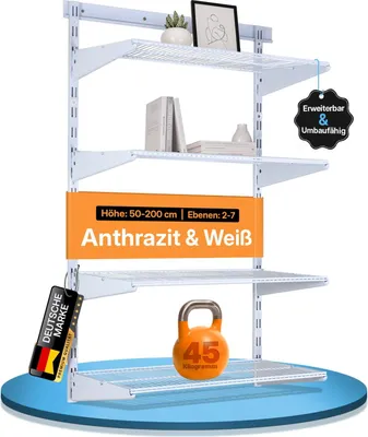 Produktbild von BOOMET Wandregal Bausatz mit Drahtboden · 28 Varianten · weiß 150x60x30cm (HxBxT) 3 Böden · Flexibles Regalsystem für Ankleide & Vorratsraum