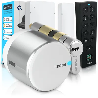 Produktbild von Tedee GO2 Alu Smart Lock Set mit Keypad PRO, Türsensor & EXXO Zylinder – Elektronisches Türschloss, Klasse 6, Fingerabdruck & PIN, Auto-Lock, Matter