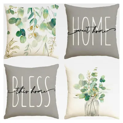 Produktbild von Eukalyptus Dekorative Sommer Kissenbezüge 4er Set, 45 x 45 cm Zierkissenbezug für Frühling und Urlaub, Dekoration für Sofa, Couch, Schlafzimmer und Wohnzimmer