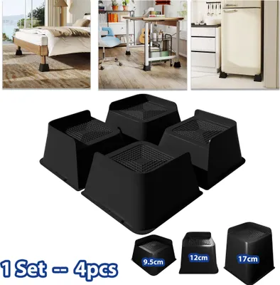 Collage of images showing furniture risers in different contexts and as standalone products.