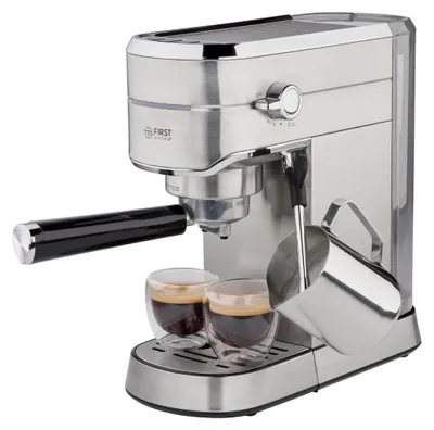 Zdjęcie produktu dla Ekspres do kawy TZS First Austria Espresso, elektryczny, z profesjonalnym spieniaczem do mleka, przystosowany do kapsułek, zbiornik na wodę o pojemności 1 l, w zestawie 2 szklane kubki z podwójnymi ściankami, stal nierdzewna