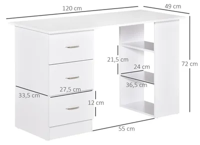 Zdjęcie produktu dla Stół komputerowy - biurko - stanowisko pracy - biurko do nauki - stolik pod laptopa - z 3 szufladami - biały MDF - wymiary: 120x49x72 cm