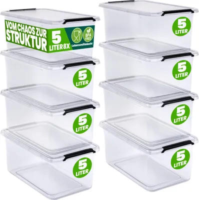 Produktbild von DEUBA® 8x Aufbewahrungsbox mit Deckel 5L Box Kunststoff Kisten lebensmittelecht BPA frei klein Klickverschluss transparent stapelbar Küche Schlafzimmer