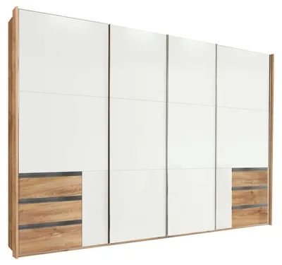 Produktbild von Schwebetürenschrank Level Kleiderschrank Synchronöffnung 300x65x216cm plankeneiche Weißglas