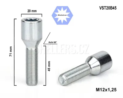 Obrázek produktu pro Kolový šroub M12x1,25x45 kužel s vnitřním mnohohranem, VST20B45, Ø 20mm, výška 71 mm