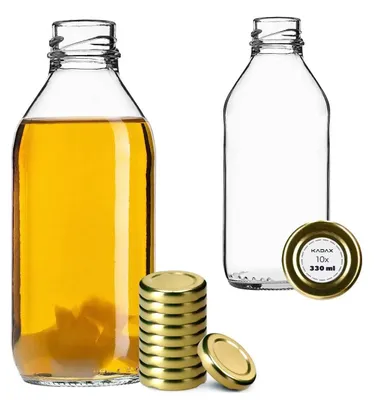 Productafbeelding van Glazen flessen - Voorraadflessen - 330 ml - Geschikt voor puree, sap en dranken - Met gouden dop - Set van 10