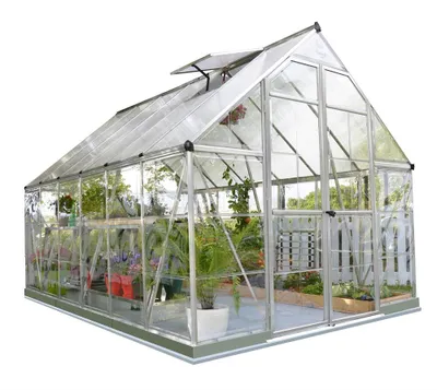 A greenhouse filled with plants, displayed on a white background.