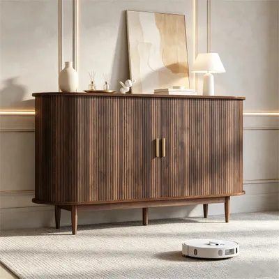 Produktbild von Merax Sideboard mit Schiebetüren und Schublade, Stauraumschrank Vintage Design, Kommode mit gerippte Front, Wohnzimmer Esszimmer, Walnuss