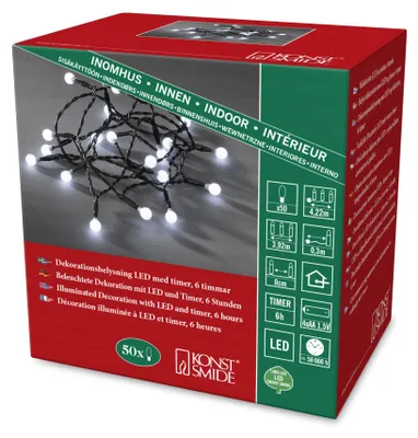 LED-Kugellichterkette, 50 kaltweiße Dioden, Timer, batteriebetrieben, Innen