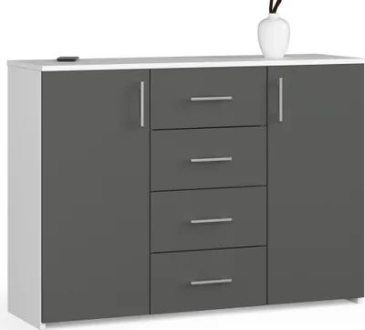 Produktbild von Kommode AKORD K45 Weiß 110 cm 2 Türen 4 Schubladen 4 Ebenen Front Graphitgrau B110 x H80 x T35 cm