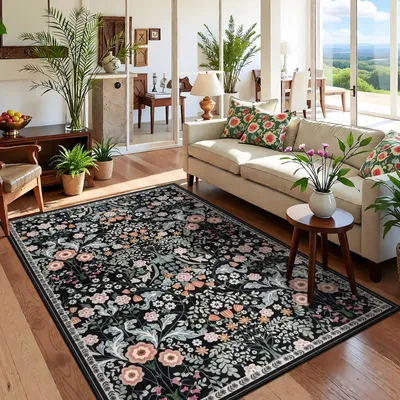 Obrázek produktu pro Omgoods - Koberec, který lze prát, rozměry 120 x 170 cm - Květinový, boho, vintage, béžová barva