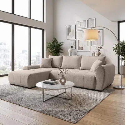 Obrázek produktu pro BEAUTYSOFA Rohová pohovka L-tvar DALLAS, 255 cm, rohová pohovka s úložným prostorem a rozkládací funkcí, rozkládací pohovka v béžové barvě, látková rohová sedačka, podnožka vlevo, Obrázek vytvořený pomocí AI