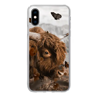 Produktbild von MuchoWow® Handyhülle Schutzhülle Hülle für iPhone X Scottish Highlander - Schmetterlinge - Pflanzen Silikon Softcase Handy Hülle - Handyhülle