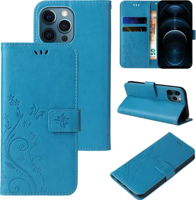 Produktbild von Handyhülle für Apple iPhone 12 Floral Blumen Schmetterling Flip Cover Hülle Case Klapphülle Handytasche Farbe: Blau