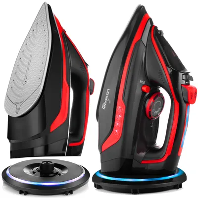 Two views of a cordless steam iron and its charging base, presented against a white background.