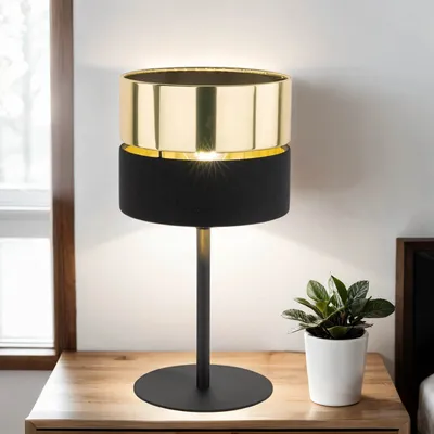 Produktbild von Tischleuchte Stoff Metall E27 D: 20 cm 38,5 cm in Schwarz Gold rund Modern Nachttischlampe