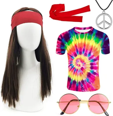 Obrázek produktu pro 70s hippie kostým set mírové brýle čelenka tričko paruka - karneval