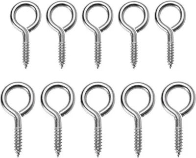 A top-down view of ten silver screw eye hooks arranged in two rows of five.