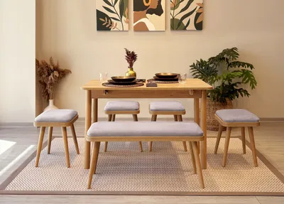 Produktbild von Skye Decor, Vina Mini 06 0701 - Oak, Soho Grey, Set aus ausziehbarem Esstisch und Stühlen (6-teilig), Eiche, 100 % MELAMINBESCHICHTETE SPANPLATTEN, 50 x 110 x 75 cm