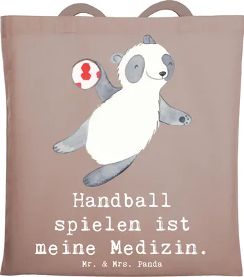 Produktbild von Mr. & Mrs. Panda Uni Tasche Panda Handball spielen - Braun Pastell - Geschenk, Turnier, Club, Verein, Laptoptasche, Tote Bag, Einkaufstüte, Einkaufstasche, Schultasche