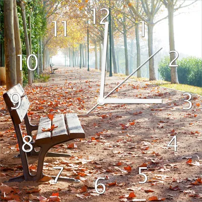 Produktbild von Wallario Design Wanduhr Einsame Parkbank an einer Allee - Herbststimmung aus Echtglas, Größe 30 x 30 cm