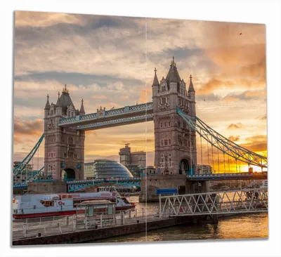 Produktbild von Wallario Herdabdeckplatte aus Glas, Größe 60 x 52 cm 2-teilig, Motiv Tower Bridge - London bei Sonnenuntergang