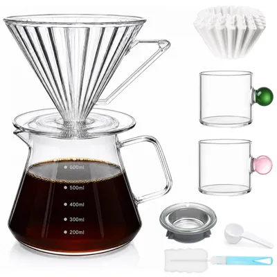Pour-Over-Kaffeemaschine 600 ml, Glaskanne, 50 Filter, 2 Tassen, Camping