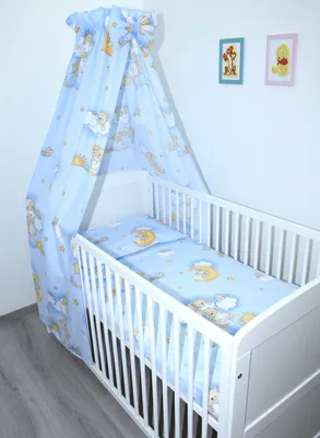 Produktbild von 4 teiliges Baby Bettset Bettwäsche mit Himmel Vollstoff - Bettausstattung - ON- 23. Bärchen auf Leitern Blau