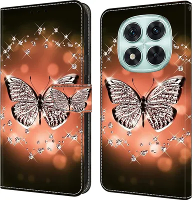 Produktbild von CLM-Tech Handyhülle kompatibel mit Xiaomi Redmi Note 14 Pro 5G Hülle - Tasche aus Kunstleder - Klapphülle mit Ständer und Kartenfächern - Schutzhülle Wallet Case Cover Schmetterling Diamanten Muster