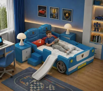Image de Lit d'enfant bleu avec échelle et toboggan, en forme de voiture, pour garçons et filles