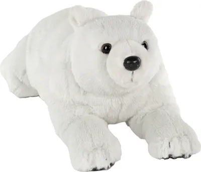 A plush polar bear toy lying down on a white background.