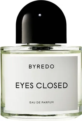 A close-up studio shot of a Byredo Eyes Closed Eau de Parfum bottle.