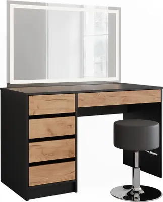 Produktbild von Schminktisch Vicco Sherry Anthrazit/Goldkraft Eiche 120 x 75 cm mit LED-Spiegel und Hocker, Model 52026
