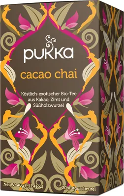A product box for Pukka Cacao Chai tea.