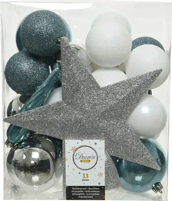 Produktbild von Weihnachtskugeln mit Christbaumstern Kunststoff 33er Set - Blau / Weiß