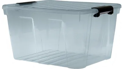 A clear, professional studio shot of a transparent storage box with gray and black accents.