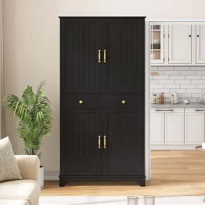 Produktbild von Hochschrank mit 2 Türen & 2 Schubladen, Vorratsschrank & Mehrzweckschrank, Modernes Design für Küche & Wohnzimmer, 77 x 40 x 181 cm, Schwarz